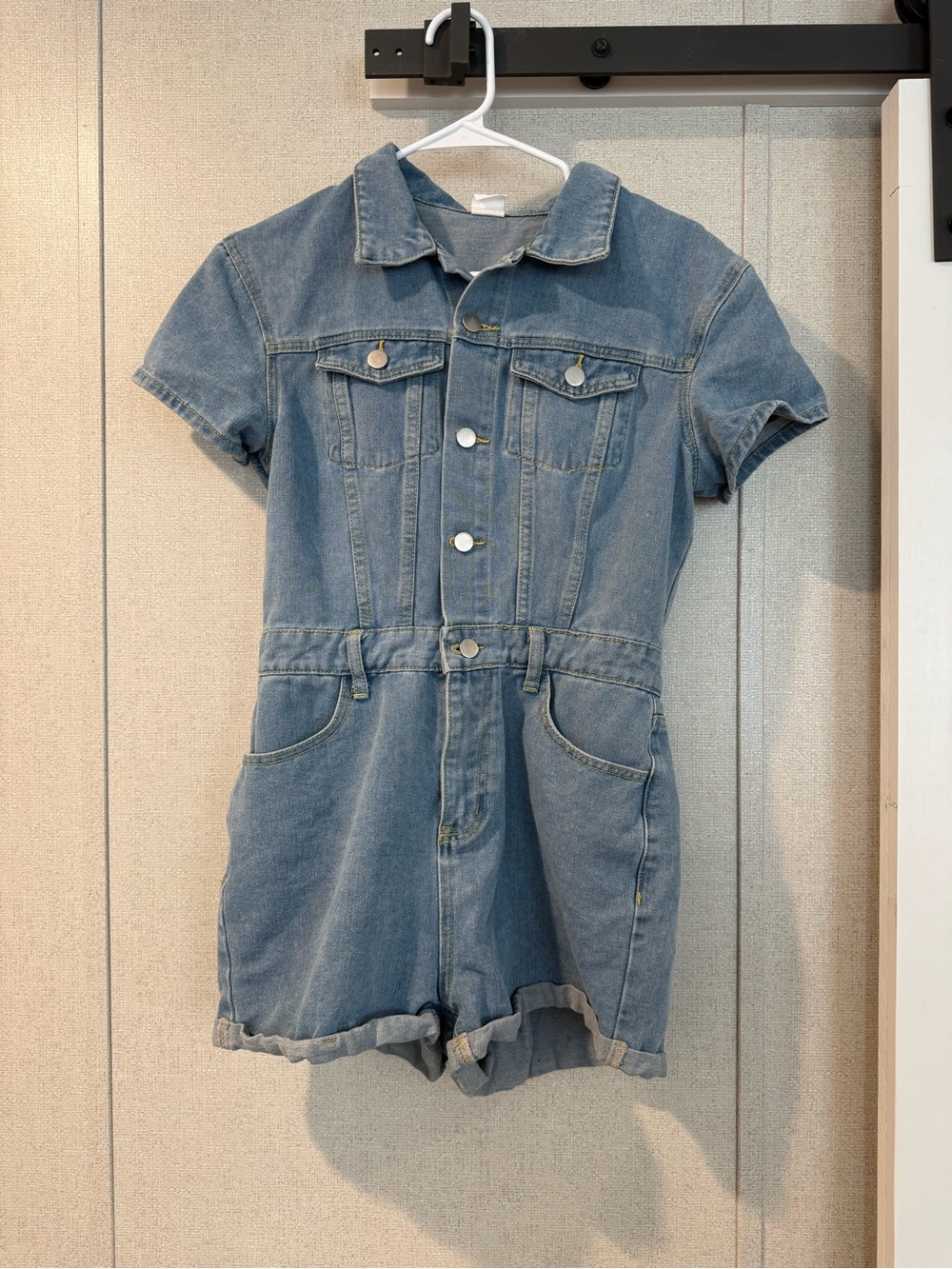 Amazon Women's Short-Sleeve Denim Romper in Blue